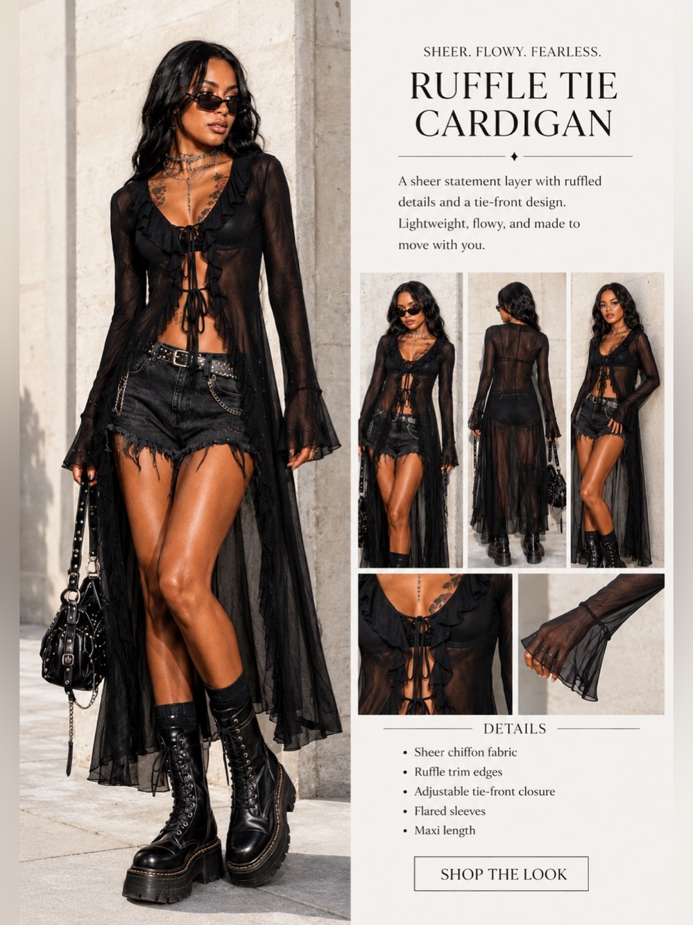 Ruffle Tie Sheer Maxi Cardigan - Black